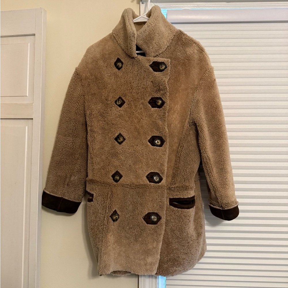 Vintage Chocolate Brown Double-Breasted Genuine Shearling Coat Reversible - Picture 7 of 12